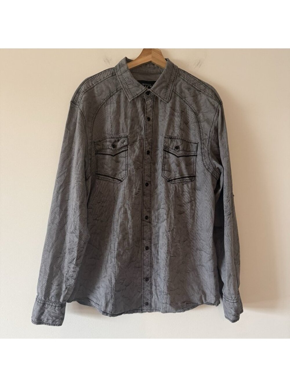 Buckle Black Long Sleeve Athletic Snap Button Up Shirt Mens Sz XL Western Grunge